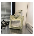 Detail of sage green nylon tote bag with mesh zipper pocket and wrinkled texture fabric - Green