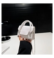 Close-up of white crocodile pattern mini square bag with silver chain strap and dual handles - White
