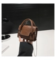 Detail of dark brown crocodile embossed mini square bag with metal chain and top handles - Brown