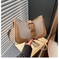 Detailed view of camel linen and PU leather patchwork bag with buckle decoration - Khaki