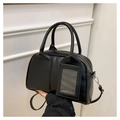 Detailaufnahme der schwarzen Boston-Tasche mit Doppelgriffen und transparentem Kartenfach - Schwarz