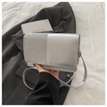Detail of silver sequined crossbody bag showing glossy texture and flap closure - Silver