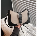 Linen canvas shoulder bag with black leather trim and silver buckle detailing - Black