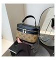 Detail of contrast stitching box bag with dual zippers and gold chain strap handle - Khaki