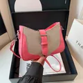 Pink and beige plaid canvas shoulder bag with silver buckle and adjustable strap - Rose Red