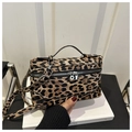 Leopard print box bag with silver hardware and leather trim in a handheld style - Khaki