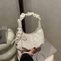 White glossy patent leather crescent bag with pearl bow and ruched handle detail - With Pendant / White