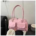 Chic light pink high-capacity shoulder bag with double pockets and glossy finish - Pink