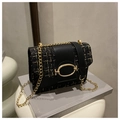 Bolso bandolera de tweed negro y dorado con cadena metálica y hebilla dorada ovalada - Negro
