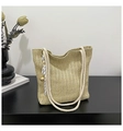 Borsa tote in paglia intrecciata beige con manici in corda e ciondolo nastro a righe - Stile ciondolo / Cachi