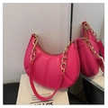 Fuchsia crescent underarm bag with quilted folds and decorative gold metal chain strap - Rose Red