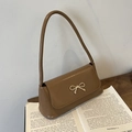 Sac baguette français en cuir marron avec une boucle dorée élégante en forme de nœud - Khaki Foncé
