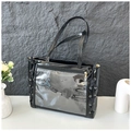 Black ribbon tote bag with transparent window and lace-up side details for badges - Black