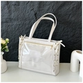 White ribbon bow tote bag with transparent PVC window and side lace-up detail - White