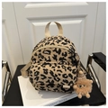 Leopard print corduroy backpack with mini plush monster charm and beige strap - Khaki With Pendant