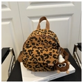 Corduroy leopard print mini backpack with brown plush doll charm and front flap pocket - Brown with Pendant