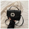 Black litchi pattern handbag with square rhinestone buckle and adjustable shoulder strap - Black