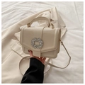 Elegant beige crossbody bag with lychee texture and sparkling crystal flower buckle - White