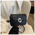 Detalle de bolso cuadrado negro minimalista con hebilla metálica de herradura dorada - Negro