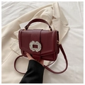 Burgundy faux leather handbag with sparkling crystal square buckle and crossbody strap - Red