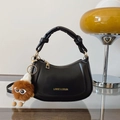 Borsa a mezzaluna in pelle nera con manico annodato e ciondolo a mostro in peluche marrone - Senza Ciondolo / Nero