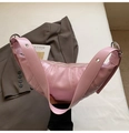 Pink crescent moon bag in glossy oil wax leather with stylish pleated stitching - Pink