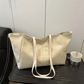 Vintage large capacity cream-white tote bag with pleated texture and round logo - White