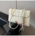 Minimalist cream white leather rectangular shoulder bag with colorful woven pendant detail - White With Pendant