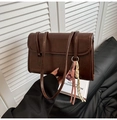 Minimalist dark brown retro faux leather shoulder bag with a colorful woven charm - Coffee with Pendant