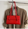Minimalist red leather rectangular underarm bag with flap cover and thin shoulder straps - Red Without Charm