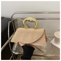 Beigefarbene Luxus Trapez-Handtasche mit goldener Metallgriff und Wildleder-Patchwork - Khaki