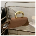 Brown minimalist trapezoid handbag with thick gold metal handle and spliced texture - Brown