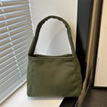 Minimalist dark green corduroy shoulder bag with retro texture and spacious main design - Green