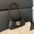Borsa baguette alla moda in ecopelle nera con fibbia di strass scintillanti da donna - Nero