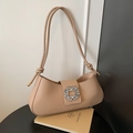 Elegante borsa baguette in ecopelle beige con fibbia quadrata di strass scintillanti - Cachi