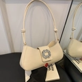 Borsa baguette in pelle crema con tracolla annodata e fibbia di cristalli chic - Bianco Sporco