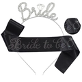 Ensemble tiare Bride en strass argentés et écharpe en satin noir Bride To Be pour mariées - Serre-tête en Strass et Écharpe en Satin / Argent & Noir