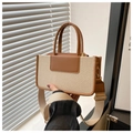 Modern canvas and brown leather contrast crossbody bag with adjustable wide strap - Brown