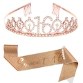 Kit anniversaire Sweet 16 or rose avec diadème en strass et écharpe à paillettes décorative - Ensemble Couronne et Écharpe Or Rose