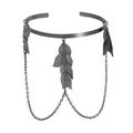 Gothic style matte black metal armlet featuring leaf charms and fine fringe chains - Gunmetal