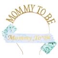 Serre-tête doré Mommy To Be et écharpe en satin blanc avec imprimé eucalyptus pour baby shower - Écharpe Verte Et Serre-tête Doré