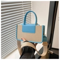 Sky blue leather and beige canvas small square bag with woven wide shoulder strap - Blue