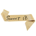 Glittery gold Sweet 16 birthday sash with black lettering and crown icon decoration - Gold