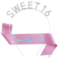 Set fascia rosa Sweet 16 e tiara di strass argento per decorazione festa compleanno - Argento e Rosa Iridescente