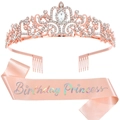 Corona di cristallo oro rosa e fascia in raso rosa Birthday Princess per feste - Taglia unica / Fascia In Satin Oro Champagne Con Testo Iridescente E Corona Oro Rosa