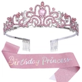Set corona di cristallo rosa e fascia Birthday Princess per decorazioni festa - Taglia unica / Tessuto Glitter Iridescente Rosa E Corona Rosa