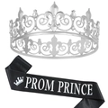 Silver crystal crown with black PROM PRINCE sash for prom king coronation party set - PROM PRINCE Silver Black