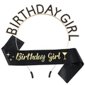 Set de fiesta Birthday Girl con corona de strass dorado y banda de satén negra elegante - Talla única / Juego de Oro Negro