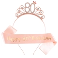 Pink 80th birthday party set with rose gold rhinestone tiara and satin sash decoration - One Size / 80th Rose Gold Set