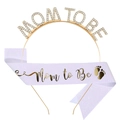 Golden Mom To Be headband with crystals and light purple glitter sash for baby shower - Gold Headband And White Sash With Gold Letters